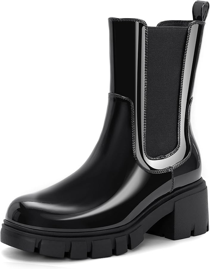 Athlefit Women's Chelsea Platform Mid Calf Boots Lug Sole Chunky Heel Elastic Leather Booties | Amazon (US)