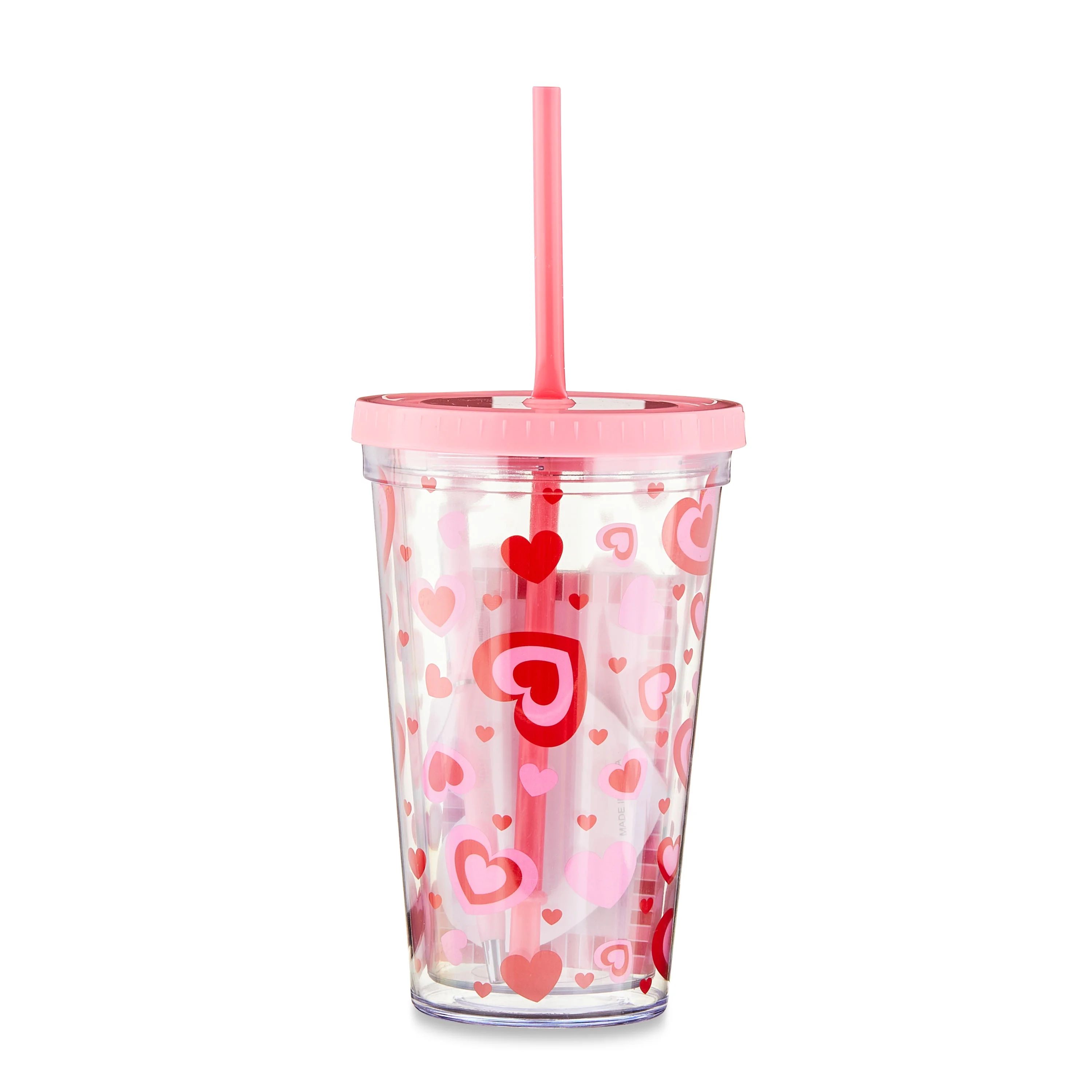 Valentine's Day Pink Heart Plastic Tumbler Gift Set, 18oz, by Way To Celebrate | Walmart (US)