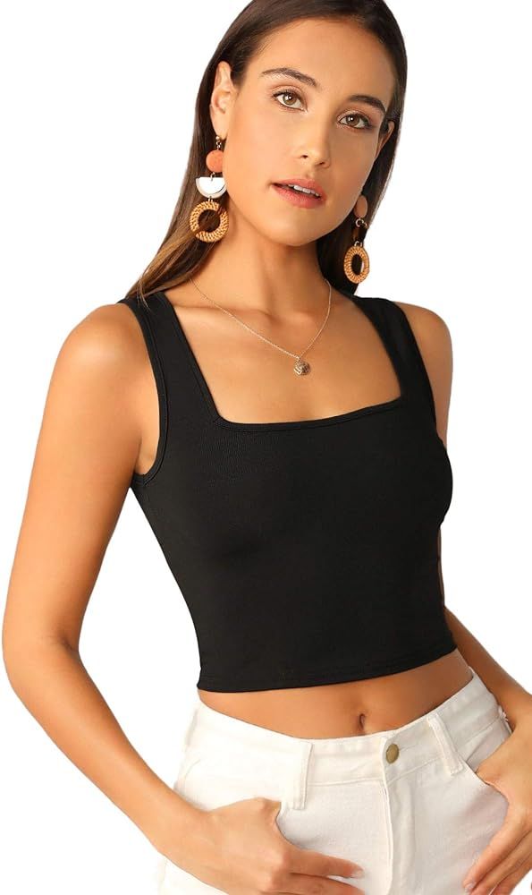 SheIn Women's Sleeveless Strappy Ribbed Knit Basic Plain Crop Tank Top | Amazon (US)