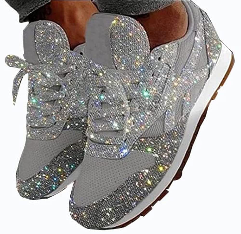 Jonuiony Women's Fashion Casual Breathable Crystal Bling Lace Up Sport Shoes Sneakers Glitter Ten... | Amazon (US)