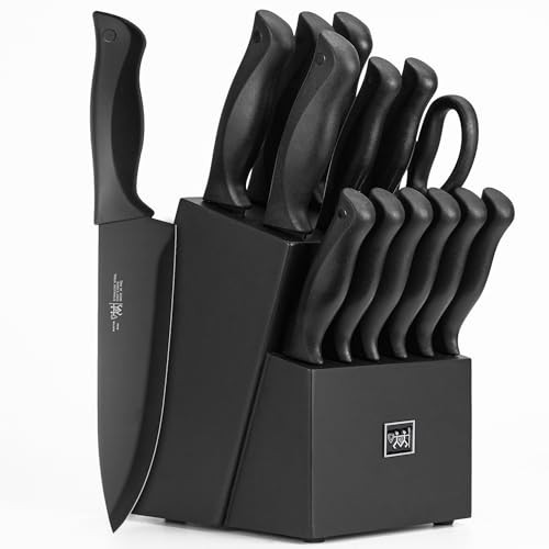 Knife Set, HUNTER.DUAL 15 Pcs Kitchen Knife Set with Block Self Sharpening, Dishwasher Safe, Anti-slip Handle, Black | Amazon (US)