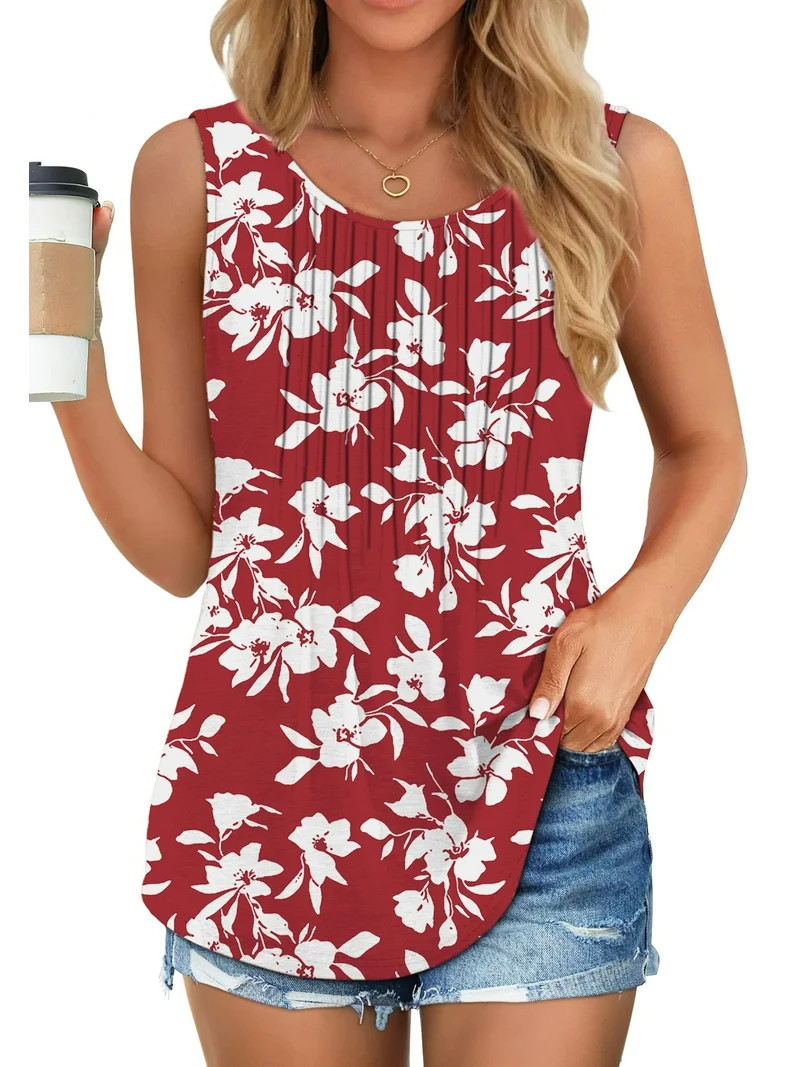 Fantaslook Womens Tank Tops Dressy Casual Sleeveless Blouses Crew Neck Pleated Tunic Shirts Summe... | Walmart (US)