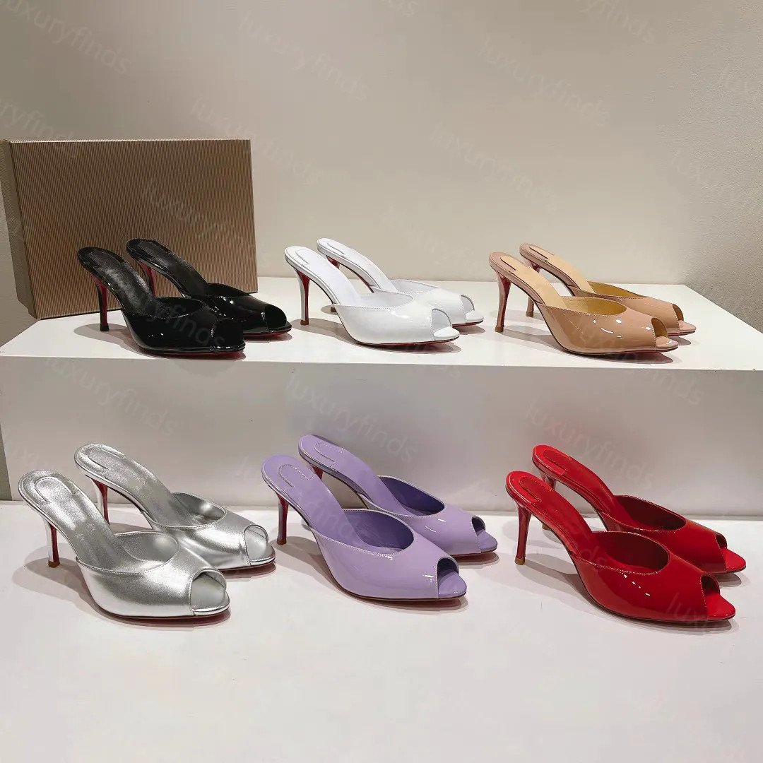 Women Me Dolly 85mm Mules Designer Patent Leather Peep-Toe High Heel Mules Luxury Slides Genuine ... | DHGate