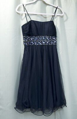 XSCAPE Sz 4 Navy Blue Tulle Beaded Dress Lettuce Hem Pleats Homecoming  | eBay | eBay US