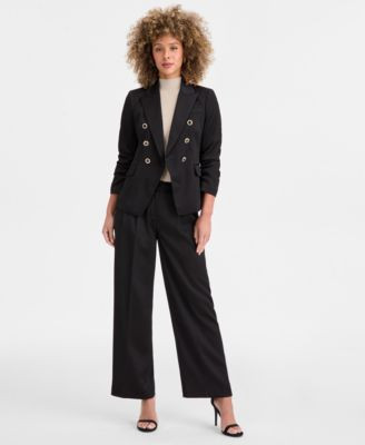 Tahari Asl Womens Textured Satin Faux Double Breasted Blazer Metallic Sleeveless Mock Neck Sweater Textured Satin Wide Leg Trousers | Macy's