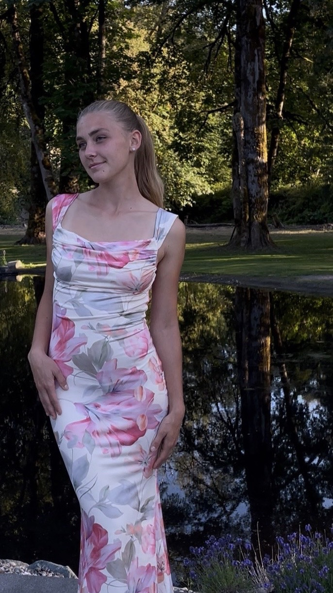 Gorgeous long satiny wedding guest dress our daughter chose for an upcoming wedding.🥰 The beautiful floral pattern and pink colors are stunning!

#LTKWedding