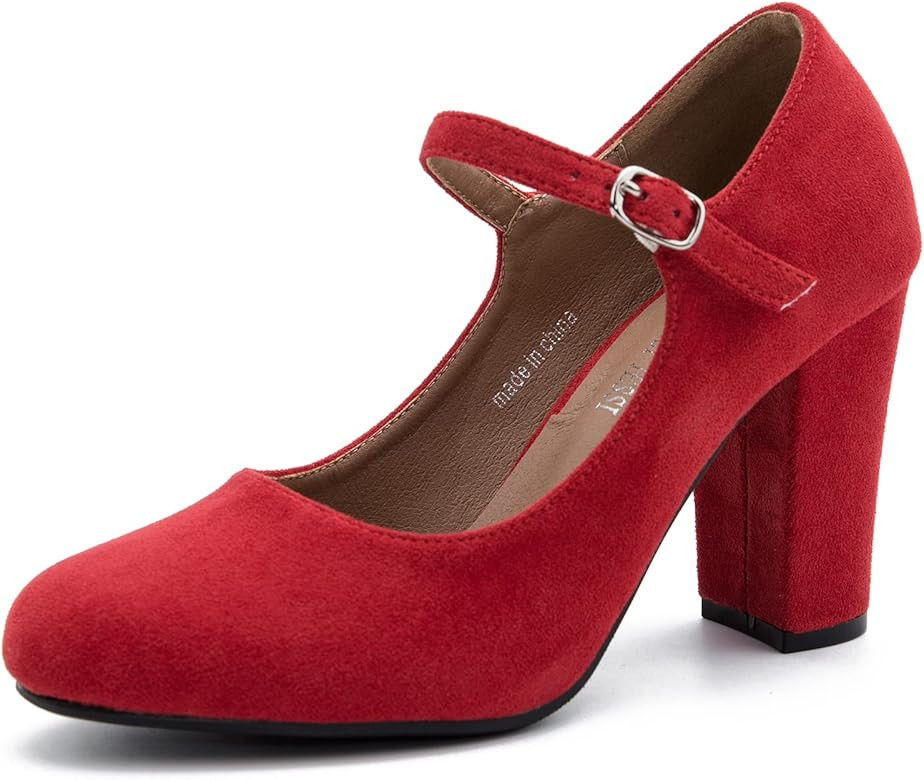 MAIERNISI JESSI Women's Closed Toe Ankle Strap Block Heel Round Toe Chunky High Heel Mary Jane Pu... | Amazon (US)