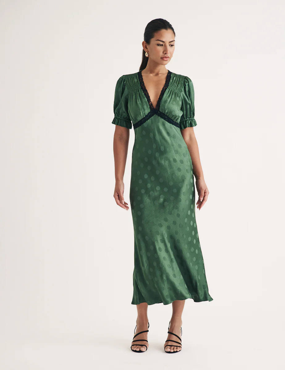 Green jacquard Polka Dot Angela Midi Dress | Nobody's Child