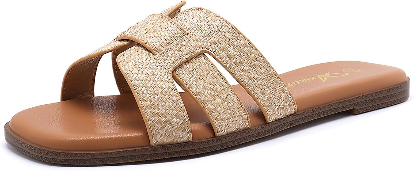 Athlefit Women's Flat Sandals Dressy Summer Square Open Toe Slip On Leather Slide Sandals | Amazon (US)