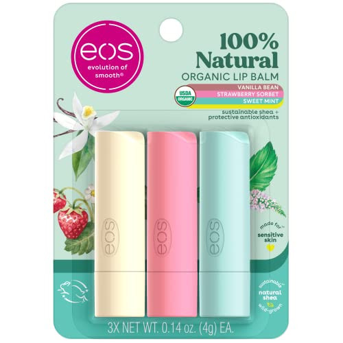 eos 100% Natural & Organic Lip Balm Trio- Vanilla Bean, Sweet Mint, & Strawberry Sorbet, Made for Sensitive Skin, Lip Care Products, 0.14 oz, 3-Pack | Amazon (US)