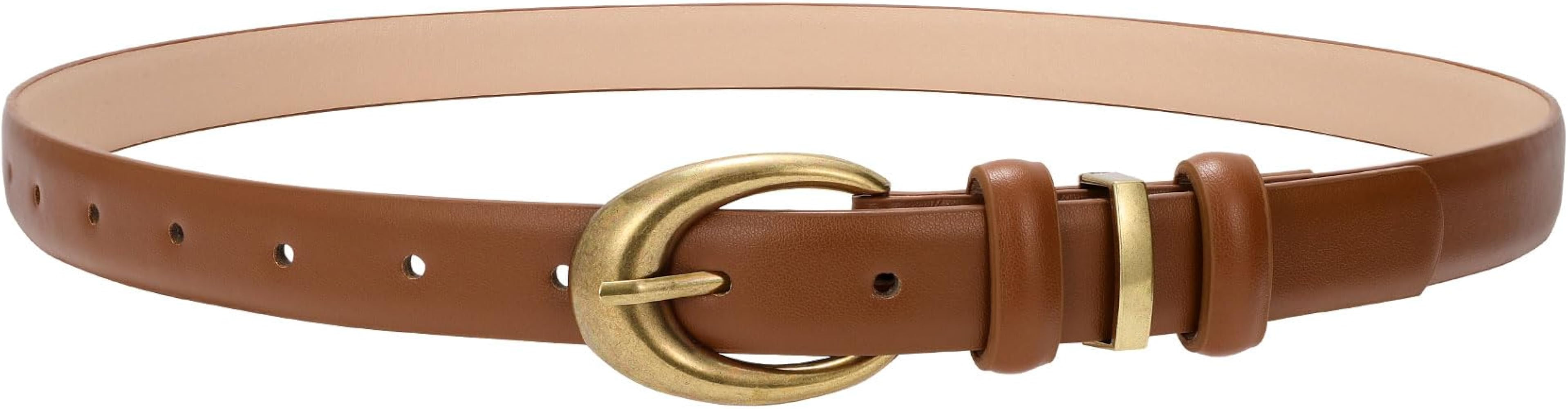 Women Leather Belt for Jeans Pants Fashion Ladies Skinny Faux Leather Dress belt with Gold Buckle | Amazon (US)