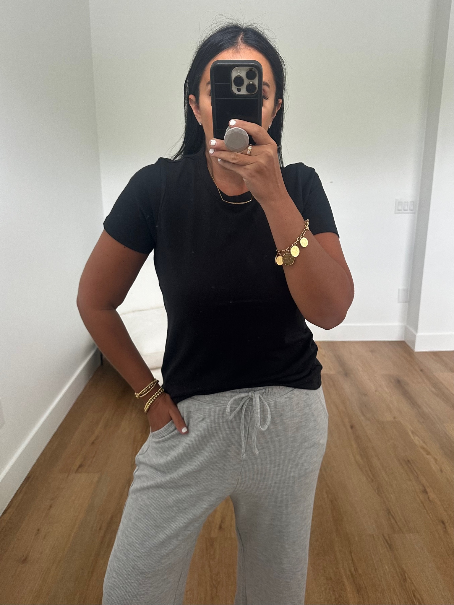 Women's Gilly Hicks Waffle Wide-Leg Pants wearing size medium. Longer-Length Crew T-Shirt  wearing size medium. Adidas Sambas
