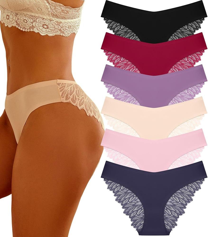 FINETOO 6 Pack Sexy Underwear for Women Silky Seamless No Show Panties Ladies Lace Bikini Lightwe... | Amazon (US)