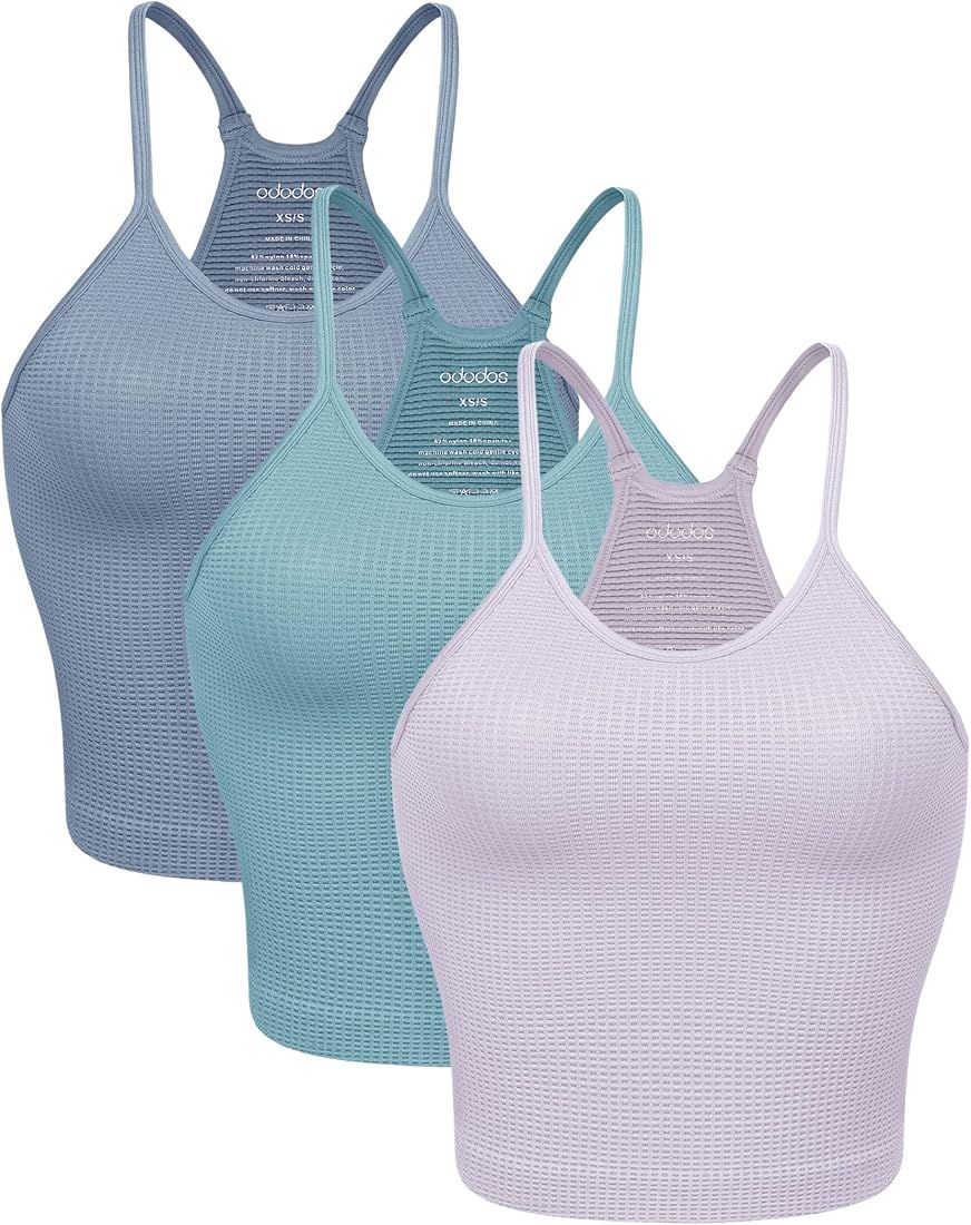 ODODOS Women's Crop 3-Pack Waffle Knit Seamless Camisole Crop Tank Tops | Amazon (US)