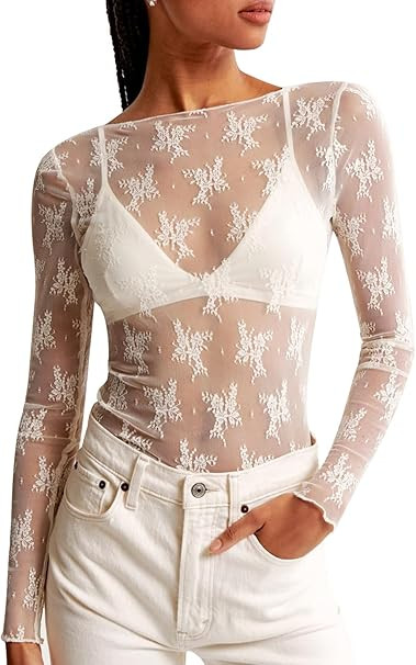 KTILG Womens Lace Long Sleeve Boat Neck Tops Sheer Blouse Sexy See Through Shirt Mesh Top S-XXL | Amazon (US)