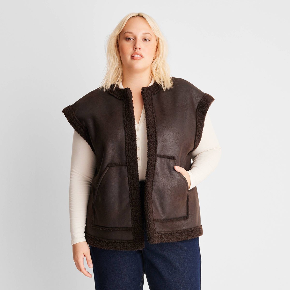 Women's Faux Shearling Lined Leather Vest - Future Collective™ with Reese Blutstein Dark Brown | Target