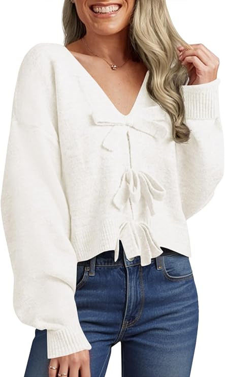 Saodimallsu Womens Bow Sweater Cropped V Neck Long Sleeve Fall Cozy Knit Loose Trendy Pullover Sw... | Amazon (US)