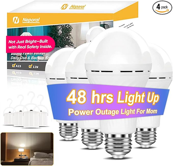 Neporal LITE Emergency Rechargeable Light Bulbs A19, Light Up to 48 hrs, Battery Operated Light B... | Amazon (US)