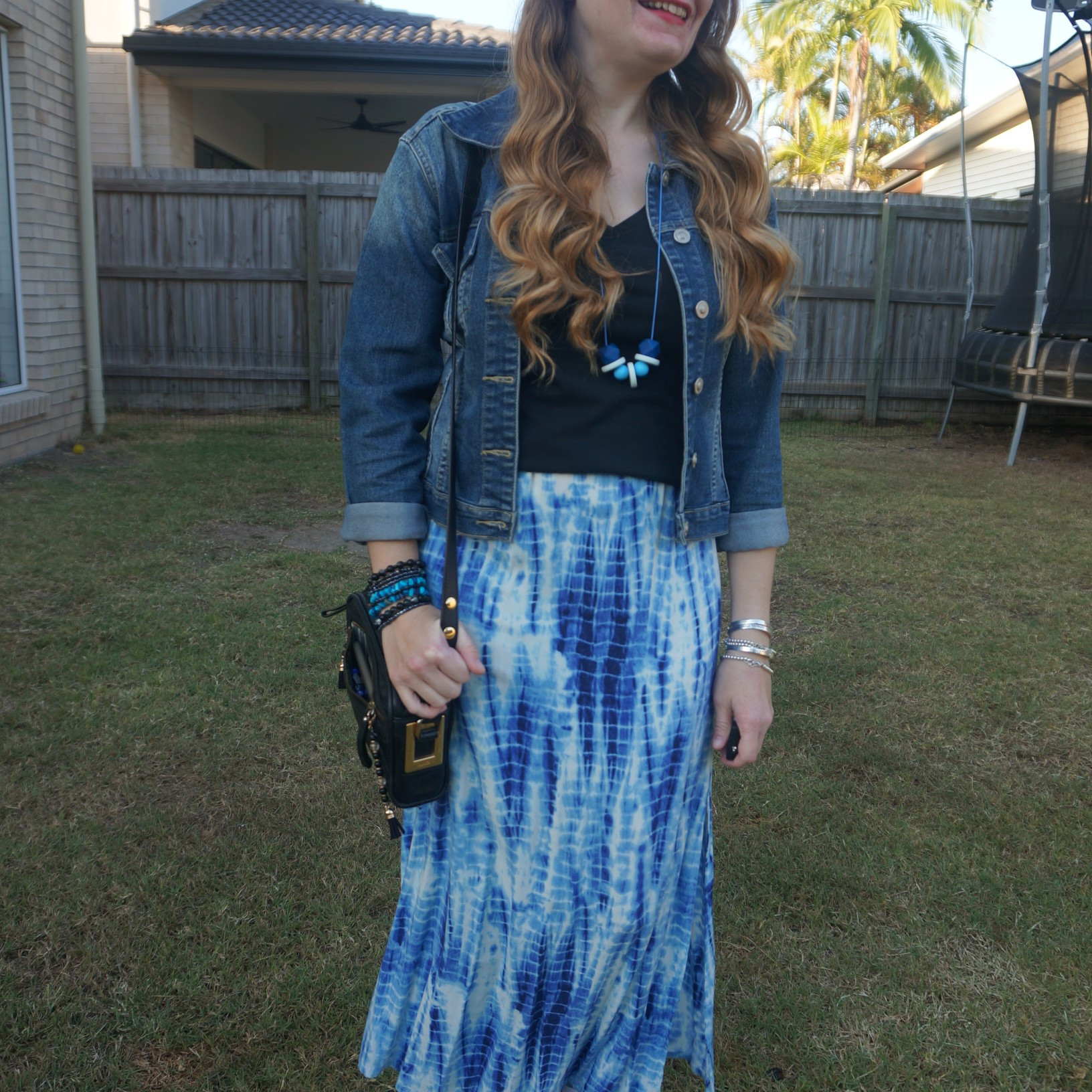 Black tee, denim jacket, tie dye maxi skirt and Mimco patchwork crossbody bag 💙

#LTKaustralia #LTKspring #LTKbag