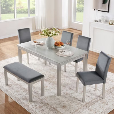 6 Piece Wooden Dining Table with 4 Upholstered Chairs and Bench for 6 People, Rectangular Dining Table Set with Crystal Decoration | Target