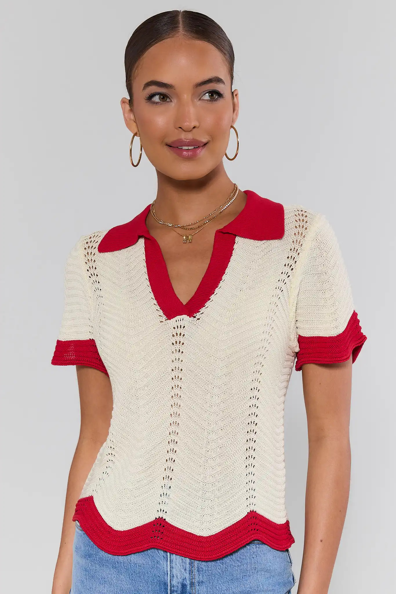 Ivory Knit Contrast Trim Top | Avara