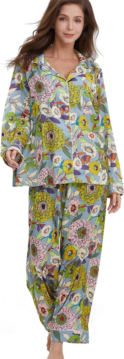 YiNi LuLu Womens Silk Satin Pajamas Set Button Down 2 Piece Pjs Long Sleeve Oversized Sleepwear with Pockets | Amazon (US)