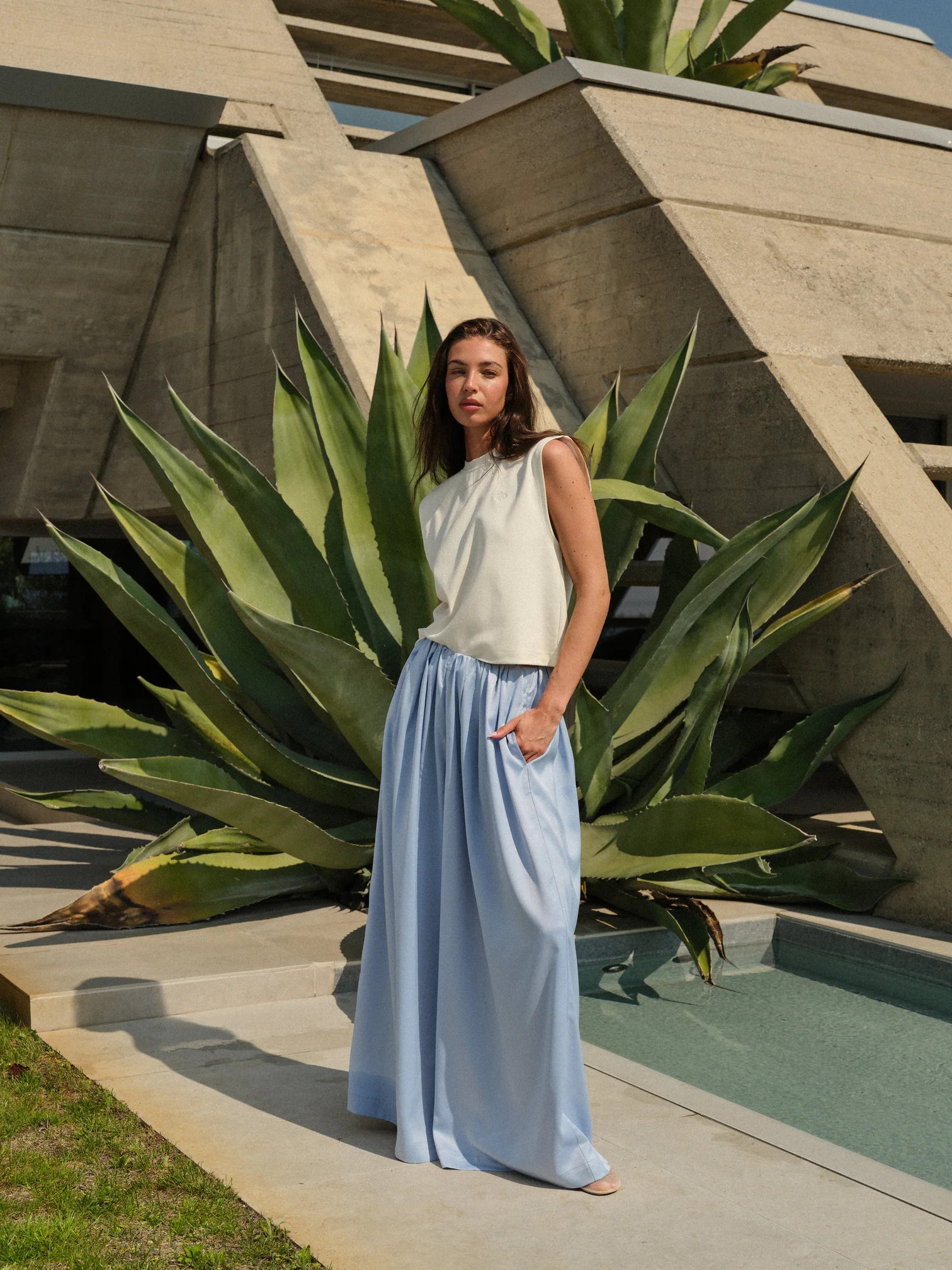 SATIN WIDE LEG TROUSERS - POWDER BLUE | The Couture Club