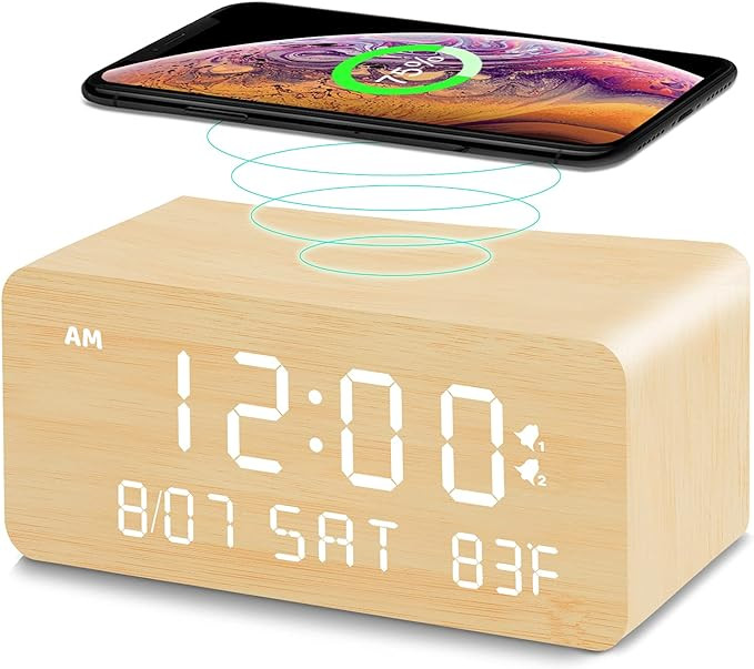 Andoolex Wooden Digital Alarm Clock with Wireless Charging, 0-100% Adjustable Brightness Dimmer a... | Amazon (US)