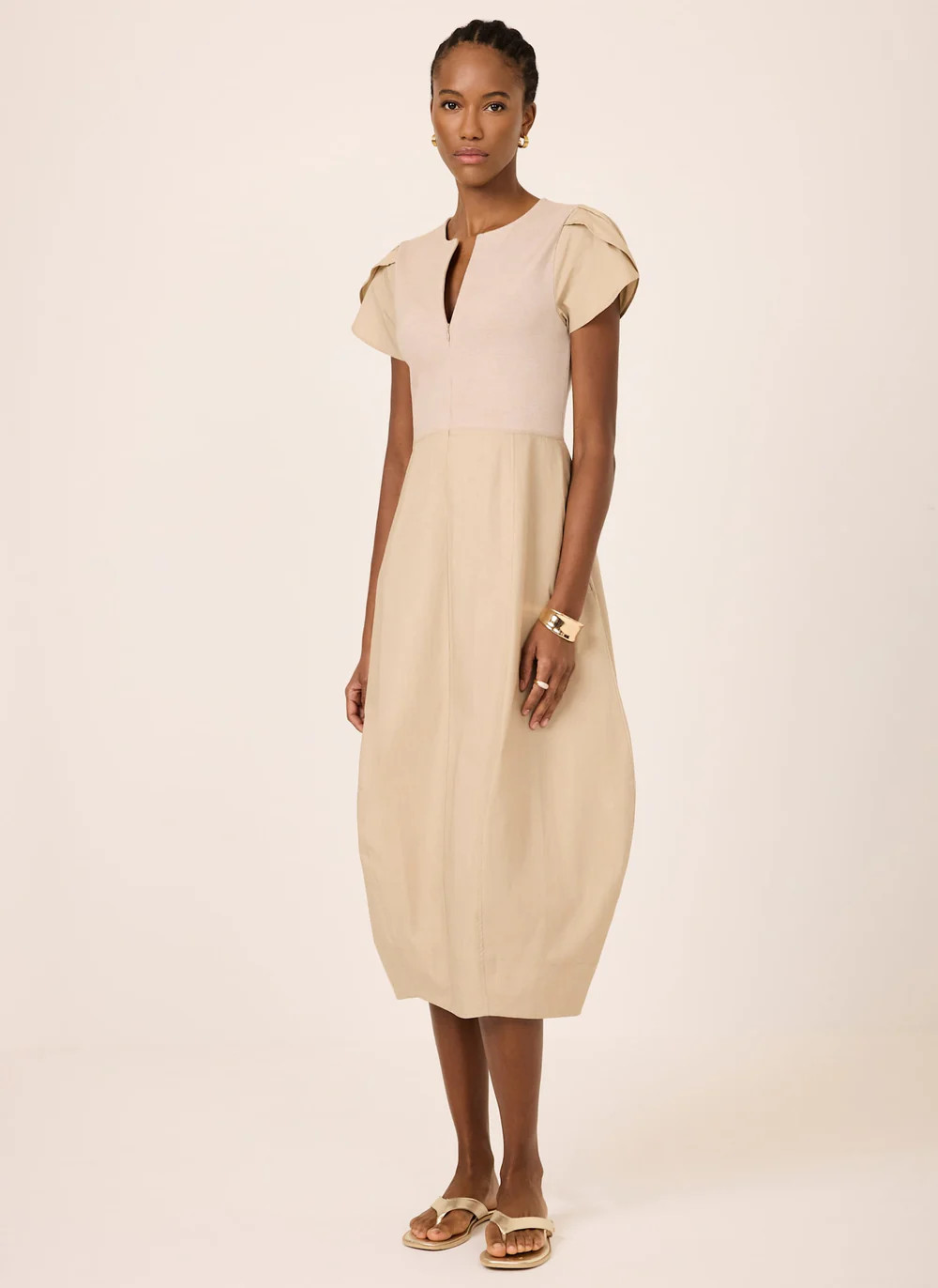 Neutral Cotton Blend Tulip Hem Midi Dress | Mint Velvet