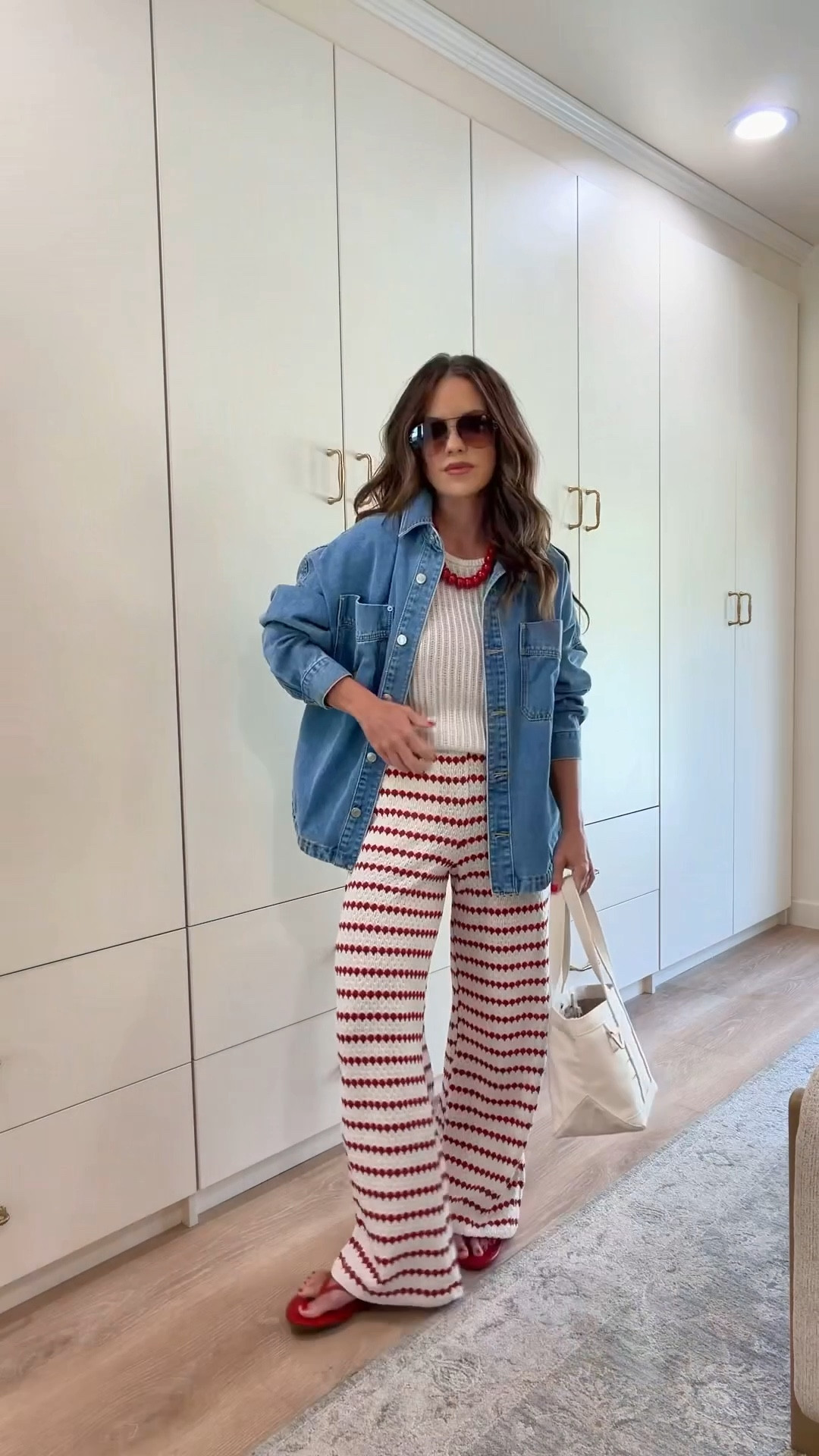 Small in top • xs in pants • pants run big size down • sandals true to size • jacket in a small 
@Target 

Effortless everyday outfit using Target style finds 🤍✨ this is the perfect mix of coastal casual + elevated basics for spring and summer.

Lightweight striped wide leg pants, a breathable neutral knit tank, and an oversized denim button down layered for that relaxed, put-together look. Styled with red accessories for a pop of color — think easy outfit formula you can wear to brunch, errands, travel days, or casual weekends.

If you love Target outfits, affordable fashion, wide leg pants outfits, denim layering looks, and chic everyday style, this one is for you.

#targetstyle #targetfinds #everydayoutfit #casualchicstyle #springoutfits #summeroutfitideas

#LTKootd #LTKPetite #LTKgrwm