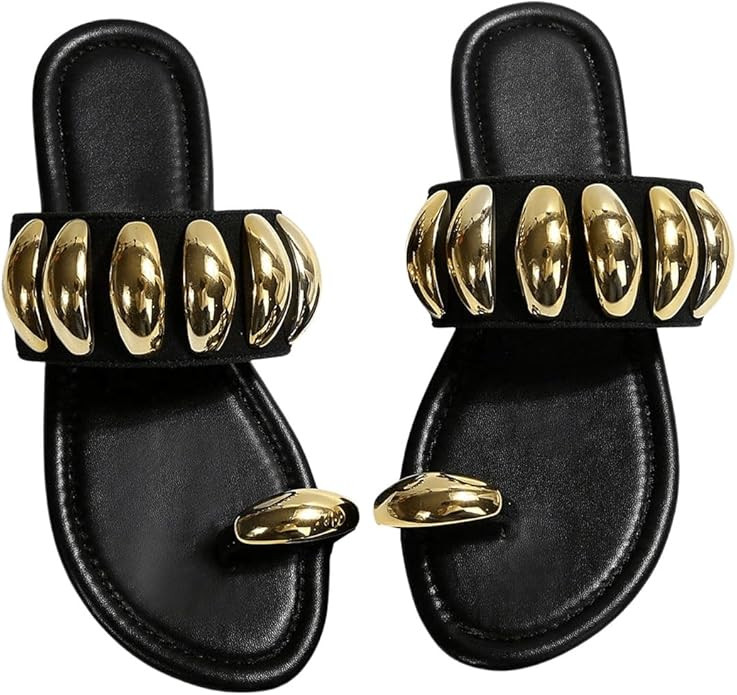 GORGLITTER Women's Gold Metallic Flat Sandals Dressy Open Toe Flip Flops Slides Shoes | Amazon (US)