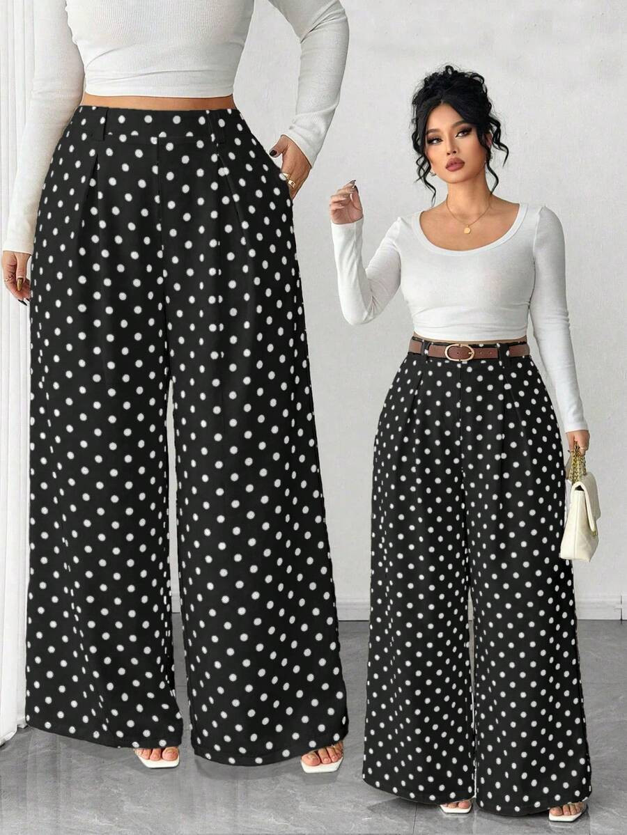 Elenzga Plus Size Women's Solid Color Beige Wide Leg Pants, Elegant Style, Fashionable For Commut... | SHEIN