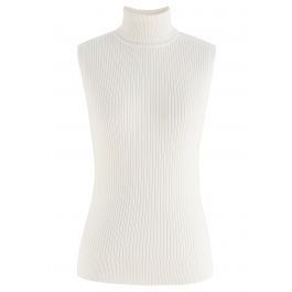 Turtleneck Soft Knit Sleeveless Top in White | Chicwish