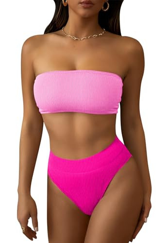 Pink Queen Women Ribbed High Waisted Bathing Suit 2 Piece Bikini Set Bandeau Cheeky High Cut Swimsuit Color Block Pink M | Amazon (US)