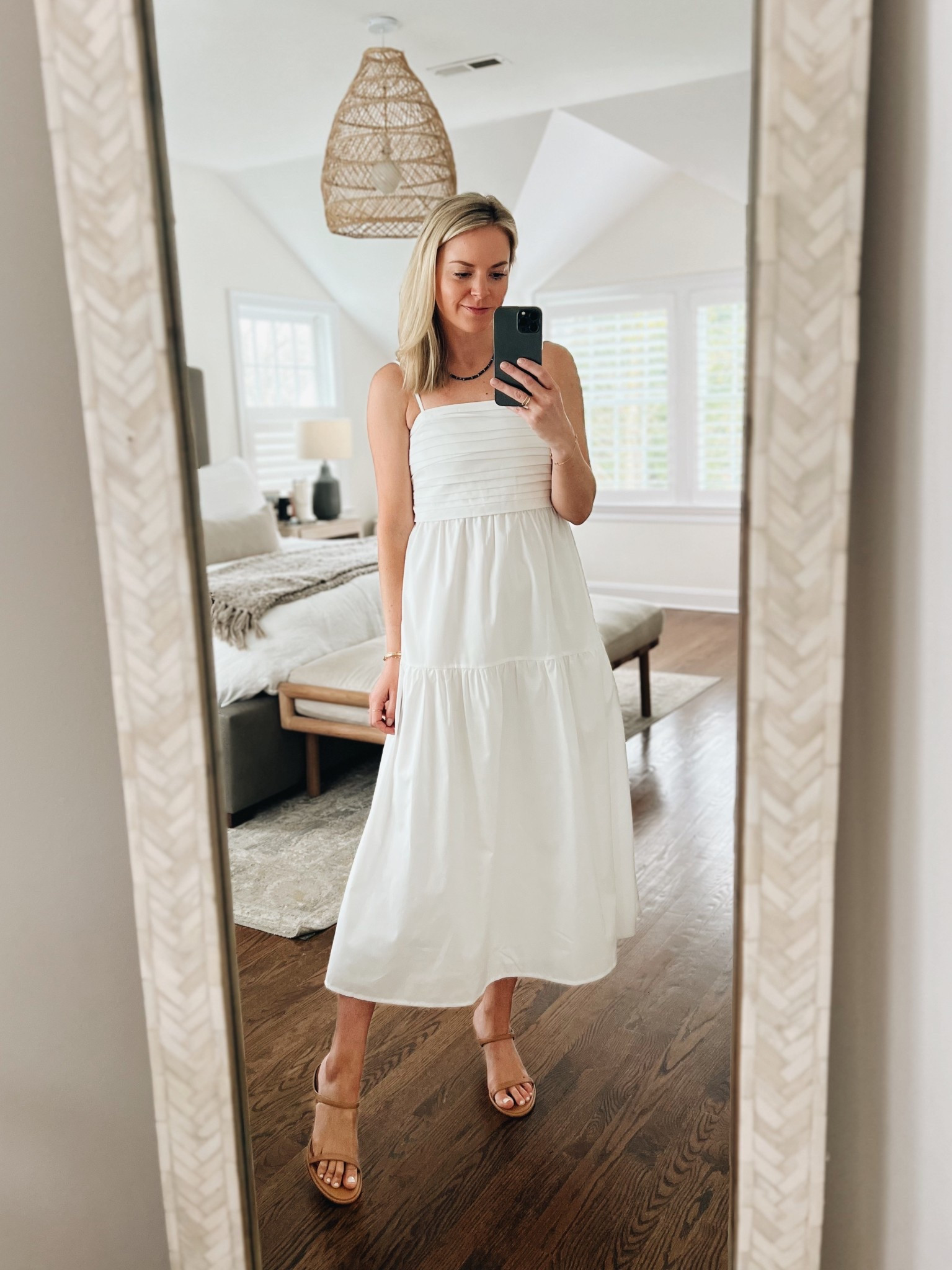 White dress for summer & spring 🤍
-im 5’5 wearing a small. Adjustable straps, stretchy smocked Back & zips on side 
-sandals are comfy & fit tts

#LTKShoeCrush #LTKSeasonal