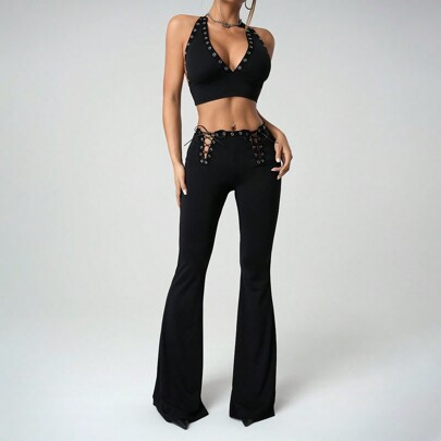 Y2k Holiday Sexy Halter Neck Criss-Cross Backless Crop Top And Low Waist Drawstring Pants Two Piece Set | SHEIN