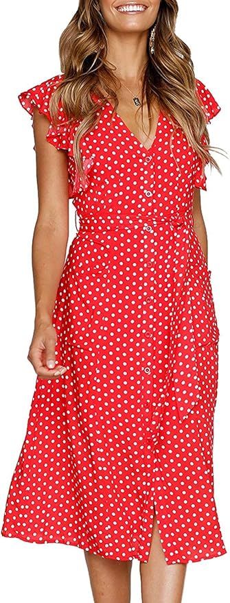 MITILLY Women's Summer Boho Polka Dot Sleeveless V Neck Swing Midi Dress with Pockets | Amazon (US)