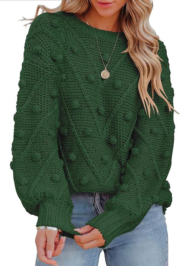 ANRABESS Women’s Cable Knit Oversized Pom Sweater Round Neck Balloon Long Sleeve Chunky Cozy Pu... | Amazon (US)