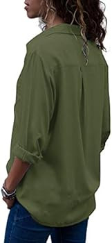 MISSLOOK Women’s Button Down Shirts Roll-up Sleeve Blouse V Neck Casual Tunics Solid Color Tops... | Amazon (US)