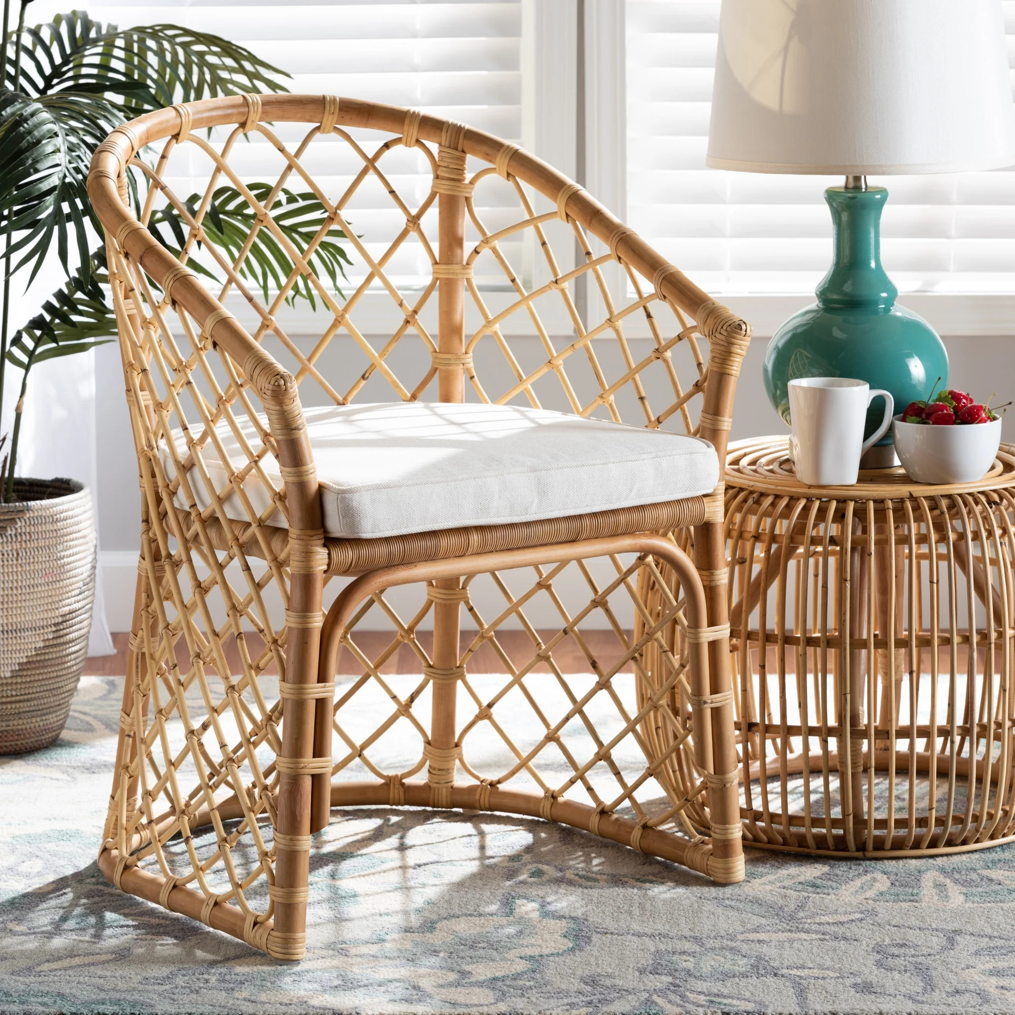 bali & pari Orchard Modern Bohemian White Fabric Upholstered and Natural Brown Rattan Dining Chai... | Walmart (US)