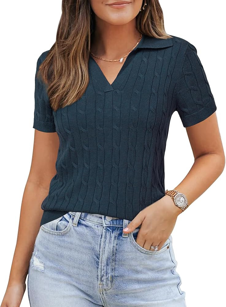 Arach&Cloz Women's Wool Blend Knit Spring Summer Business Casual Lightweight Short Sleeve Sweater... | Amazon (US)