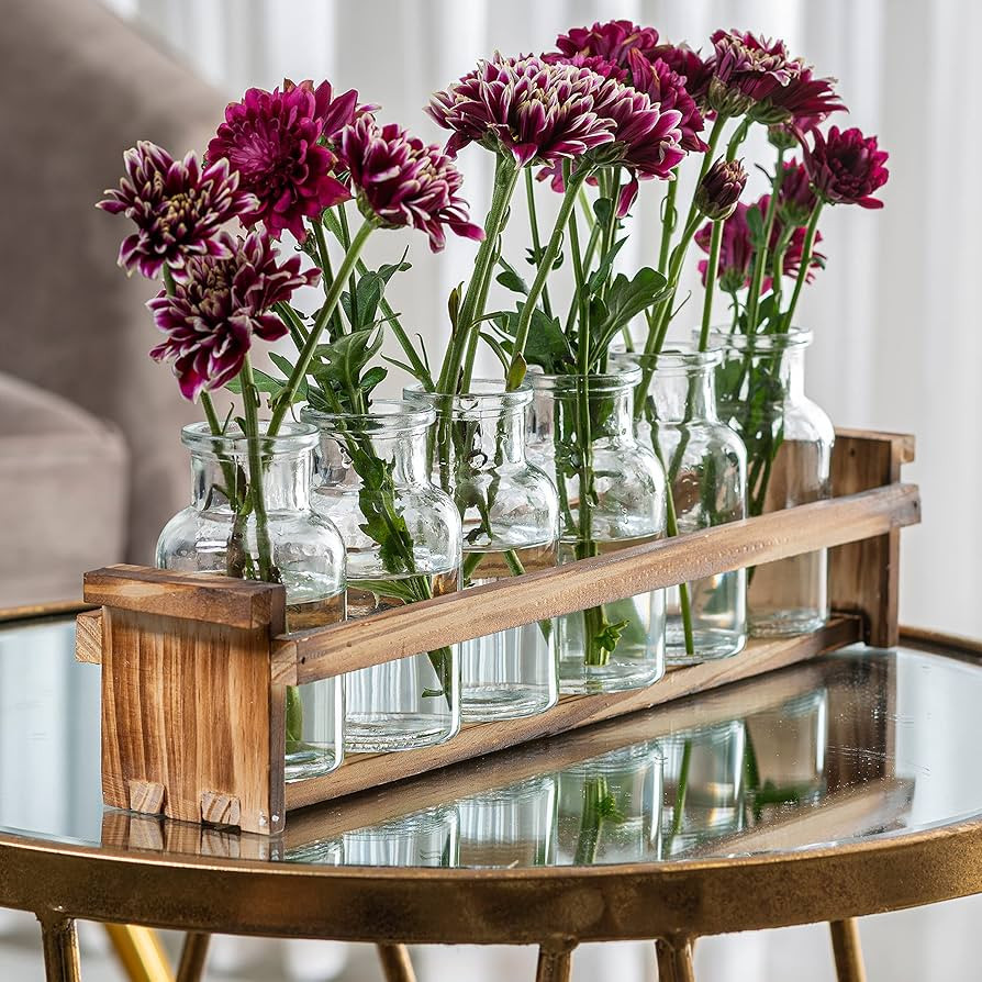 Beautiful Glass Flower Vase with Wooden Plant Stand & 6 Bud Vases, Decorative Glass Bottles for H... | Amazon (US)
