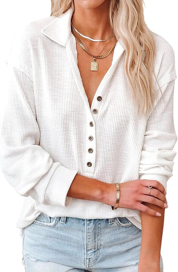 Sidefeel Women 1/4 Button Down V-Neck Long Sleeve Solid Color Blouse | Amazon (US)