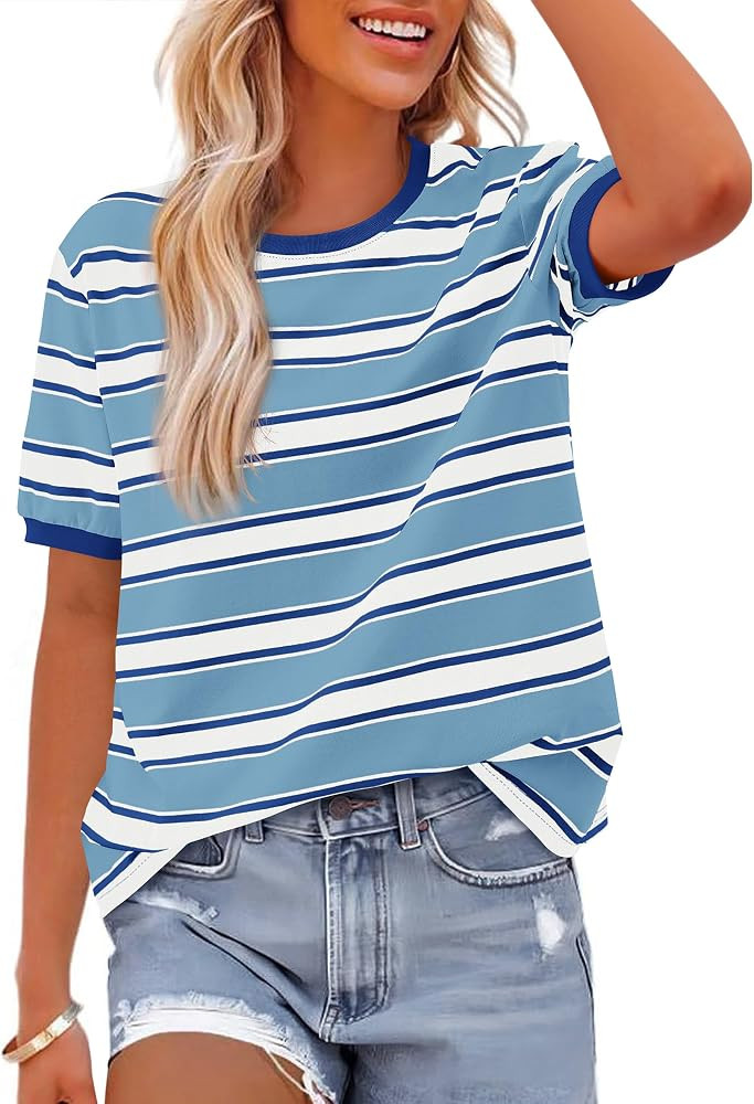 BTFBM Summer Tops for Women 2026 Crewneck Short Sleeve Striped T Shirts Casual Spring Clothes Col... | Amazon (US)