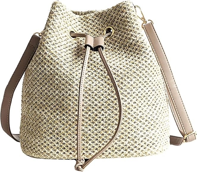 Goclothod Small Drawstring Shoulder Bag Straw Weave Handbag Summer Beach Purse | Amazon (US)