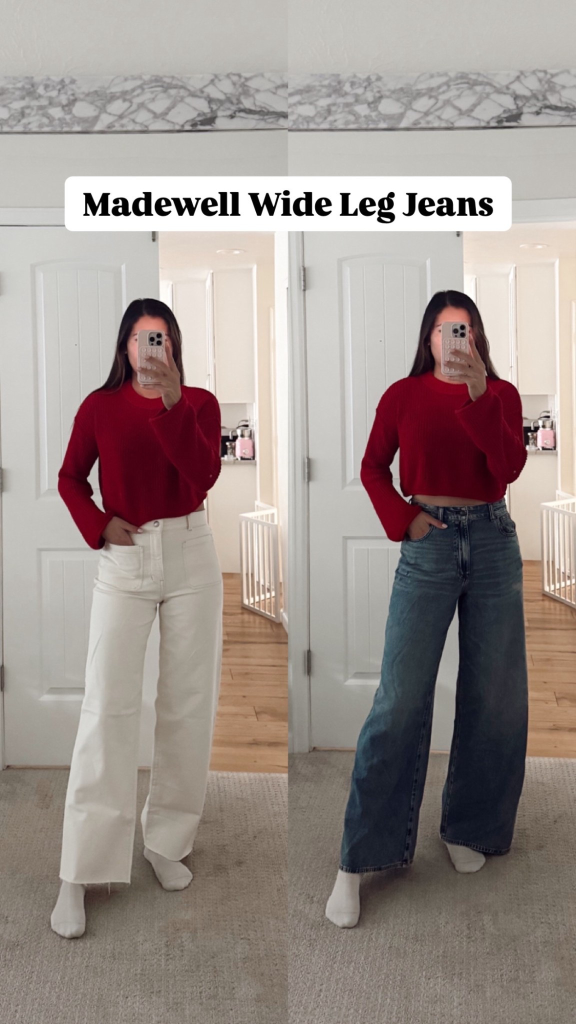 Two different high waisted wide leg jean styles from Madewell that are super comfortable and flattering 

#LTKSeasonal #LTKStyleTip