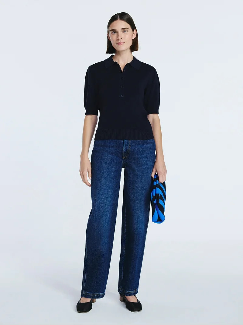 Free Assembly Women's and Women's Plus Collared Sweater Tee with Puff Sleeves, Lightweight, Sizes... | Walmart (US)