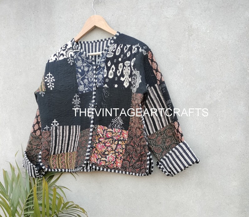 Black Handmade Women's Kantha Jacket Indian Cotton - Etsy | Etsy (US)