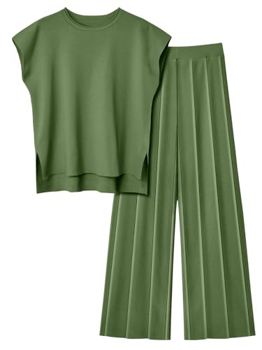 LILLUSORY 2 Piece Outfits for Women Lounge Matching Set Two Pcs Knit Tracksuit Sweatsuits Top & Pants 2025 Green L | Amazon (US)
