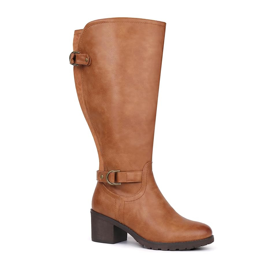 Women's Extra Wide Calf Knee High Riding Boots with Block Heel and Decorated Double Buckle | Amazon (US)